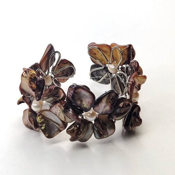 Brown Cuff Bracelet Freshwater Pearl and Mother Of Pearl Bangle NEW - Picture 5 of 9
